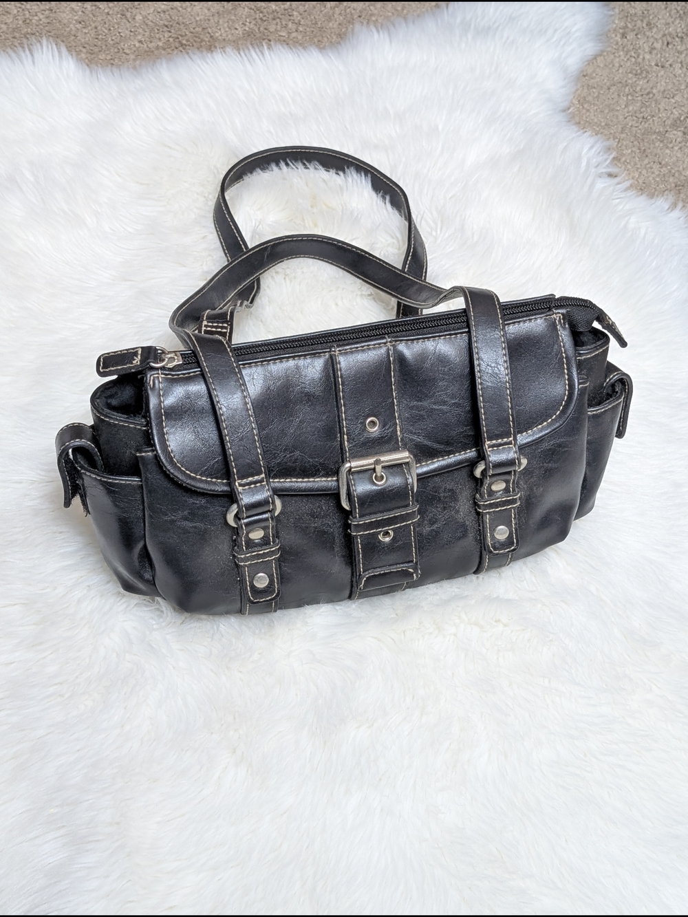 Small Black Vinyl Shoulder Bag with Buckle Detail - Picture 3 of 13